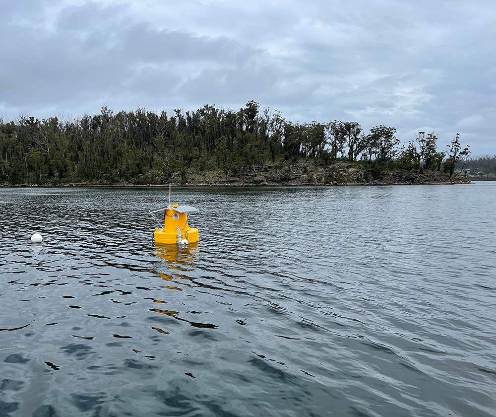 Yellow water quality monitoring buoy floating on water in lake.