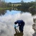 Person standing in water taking water sample from Tilba Tilba Lake or Victoria Creek