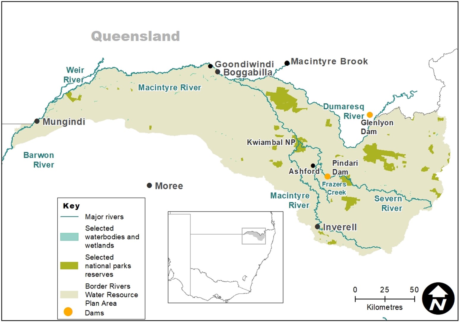 Map of the Border Rivers catchment showing waterways, wetlands and locations of water for the environment deliveries made in 2020-21.