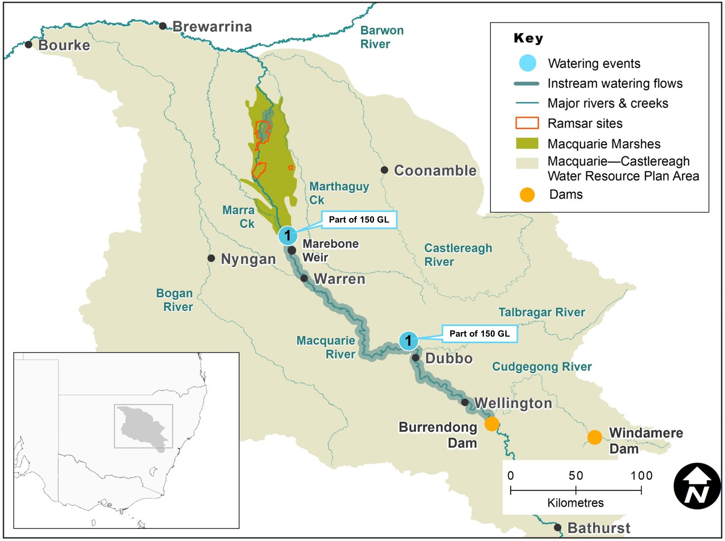 Map of the Macquarie-Castlereagh catchment showing waterways, wetlands and locations of water for the environment deliveries made in 2020-21.