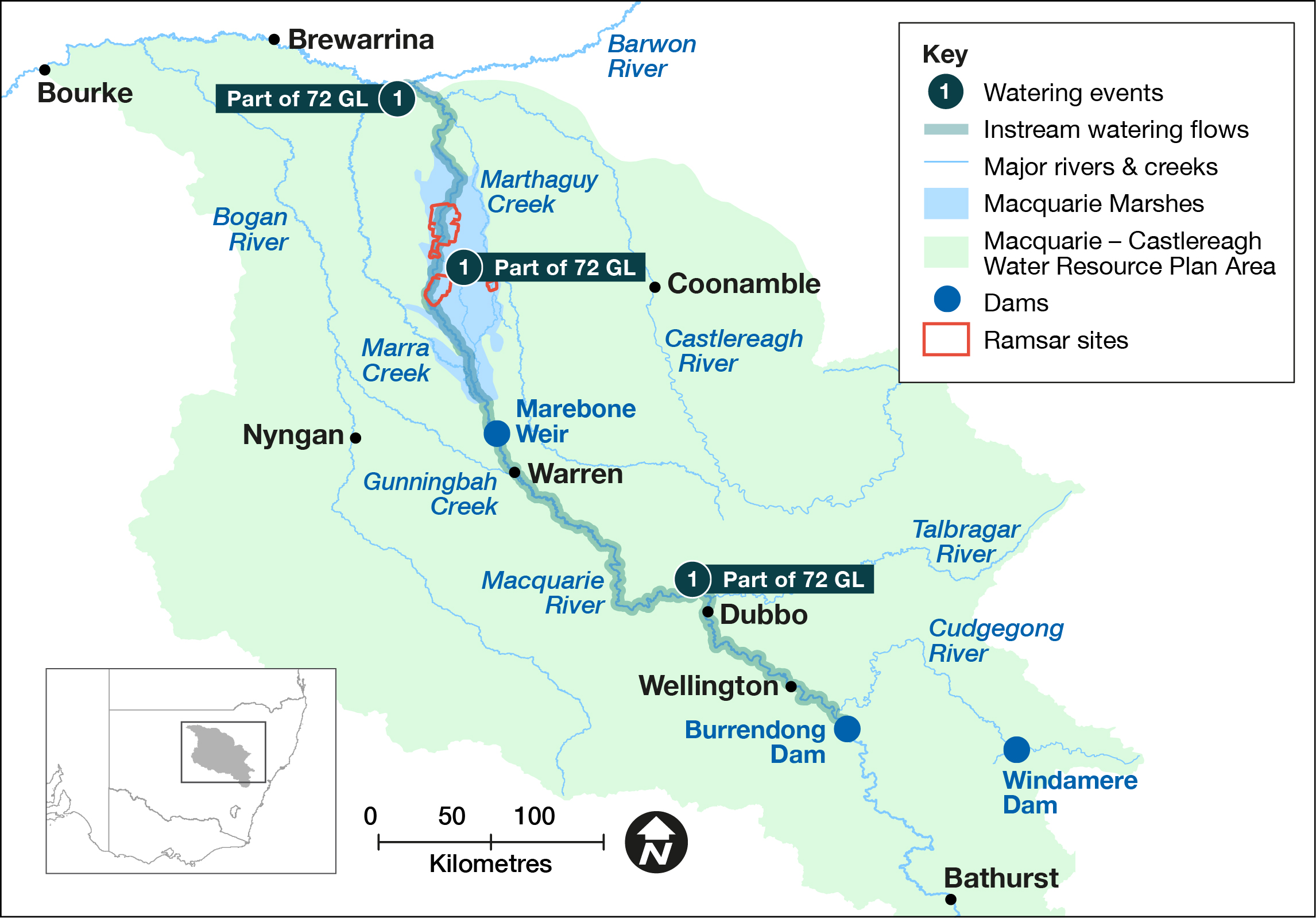Map of sites in the Macquarie–Castlereagh catchment where environmental water was delivered in the 2021–22 water year, with corresponding volume.