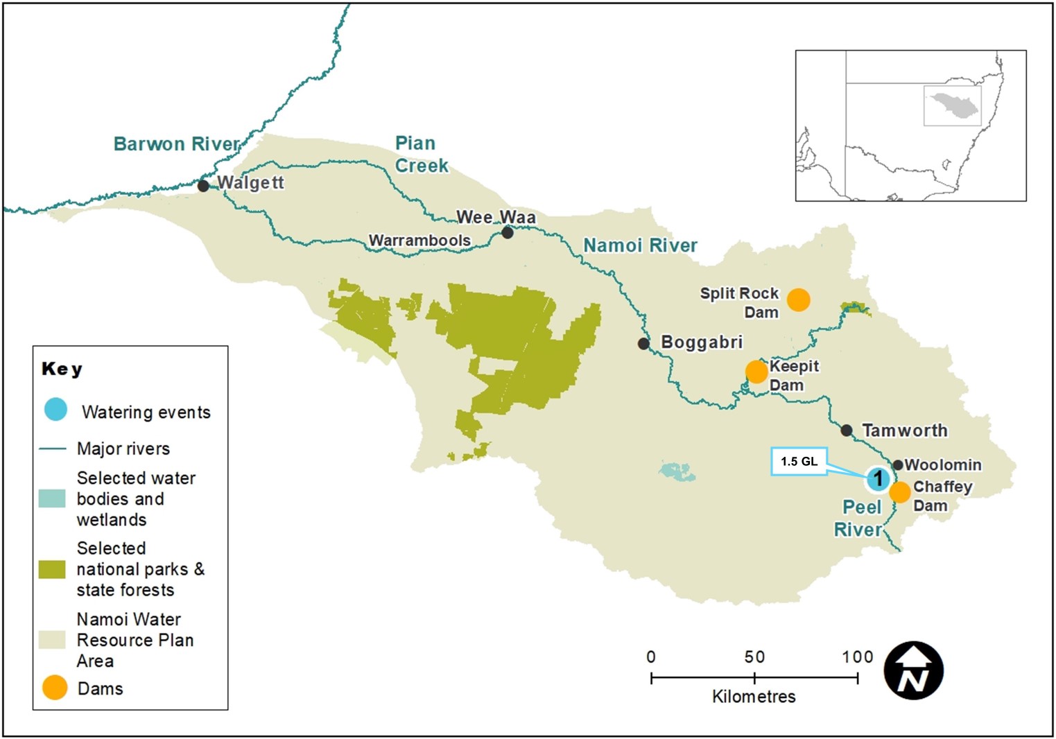 Map of the Namoi catchment showing waterways, wetlands and locations of water for the environment deliveries made in 2020-21.