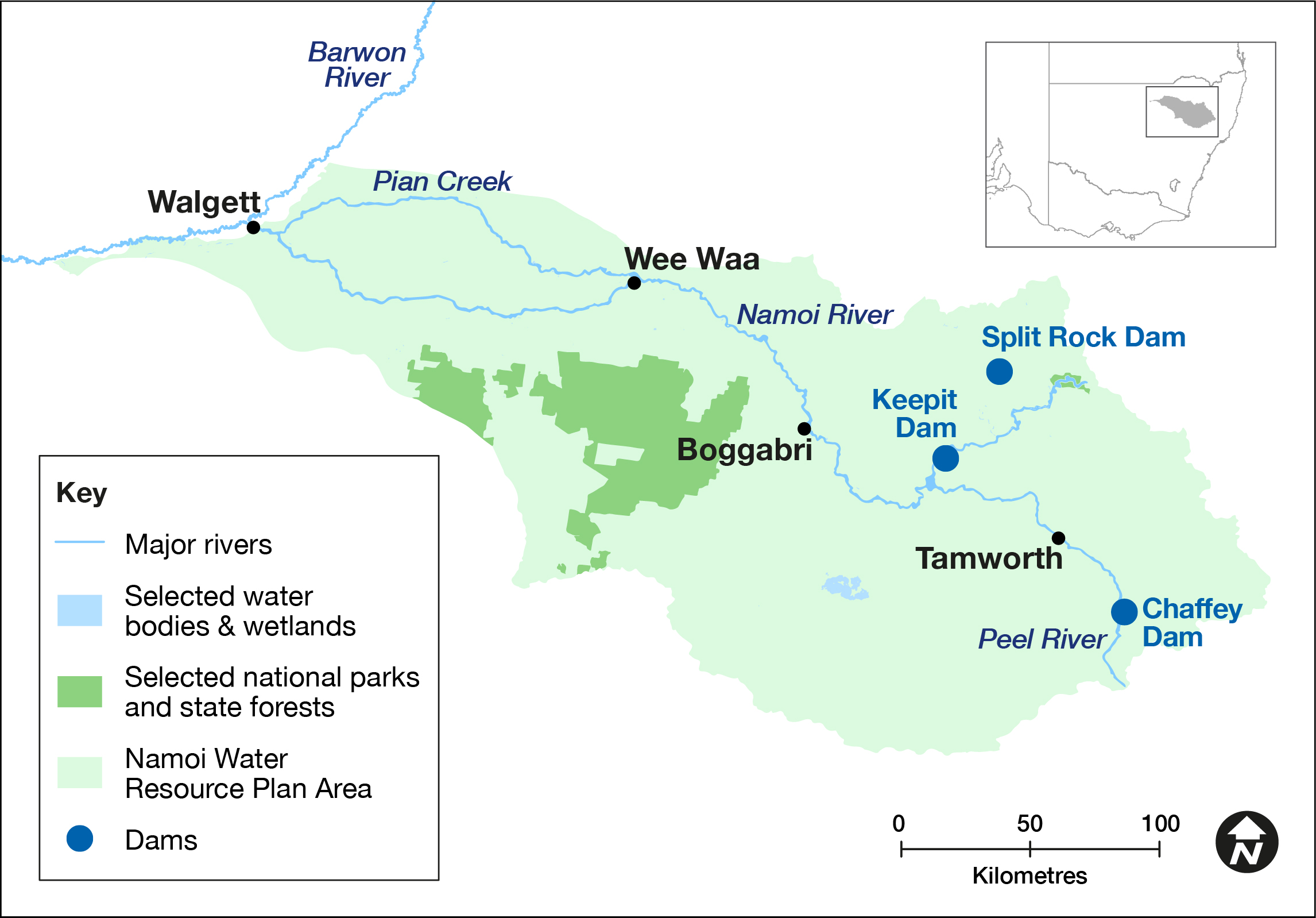 Map of Namoi catchment. Natural rainfall and flooding in the Namoi and Peel rivers provided for environmental demands and no environmental water deliveries were made in the 2021-22 water year.