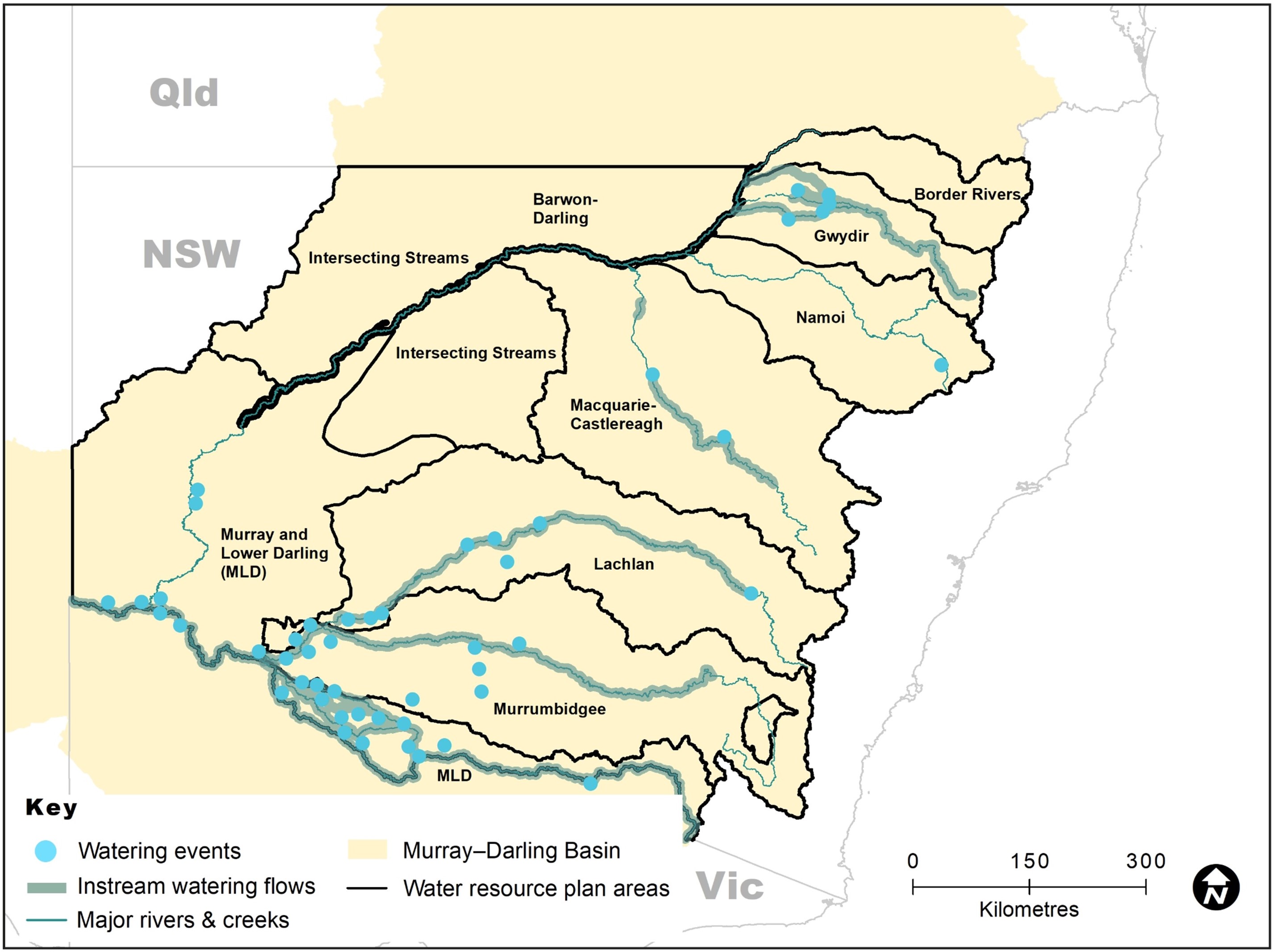 Map of New South Wales showing water catchment areas, associated main waterways and locations of water for the environment deliveries made in 2020-21.