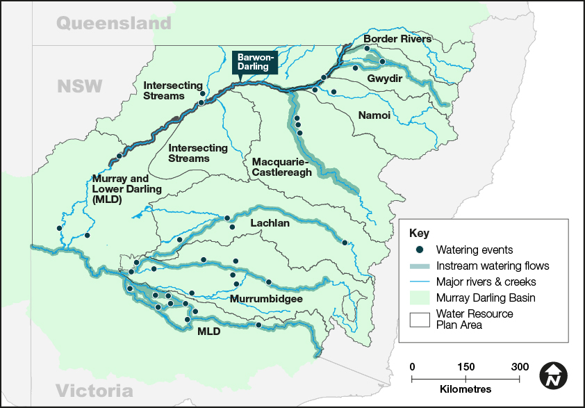 Map of New South Wales showing water catchment areas, associated main waterways and locations of water for the environment deliveries made in 2022-23.