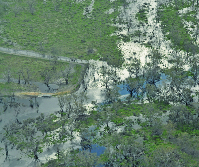 Aerial view Devils Creek Regulator, Lowbidgee Wetlands, Yanga National Park
