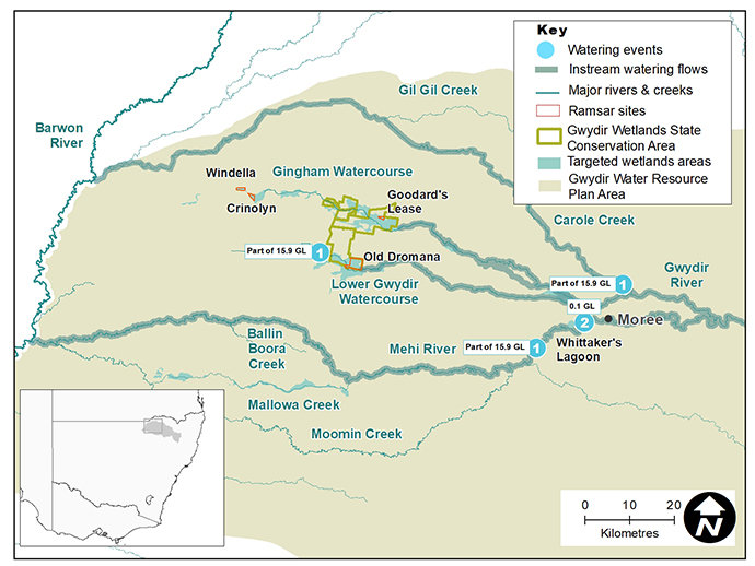 Map of the Gwydir catchment showing waterways, wetlands and locations of water for the environment deliveries made in 2019–20.