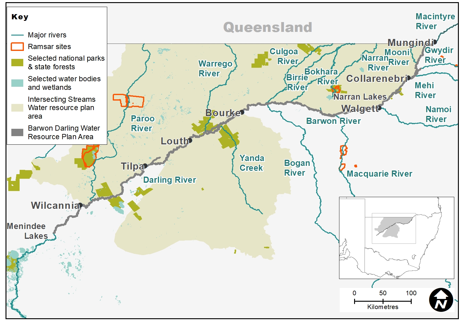 Map of the Intersecting Streams catchment showing waterways, wetlands and locations of water for the environment deliveries made in 2019–20.