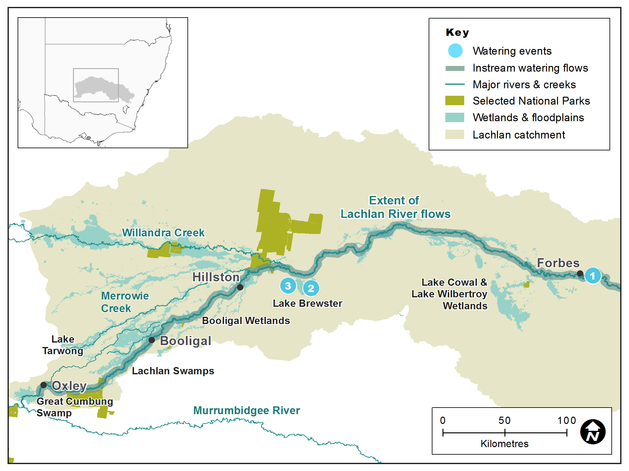 Map of the Lachlan catchment showing waterways, wetlands and locations of water for the environment deliveries made in 2017–18.