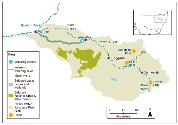 Map of the Namoi catchment showing waterways, wetlands and locations of water for the environment deliveries made in 2018–19.