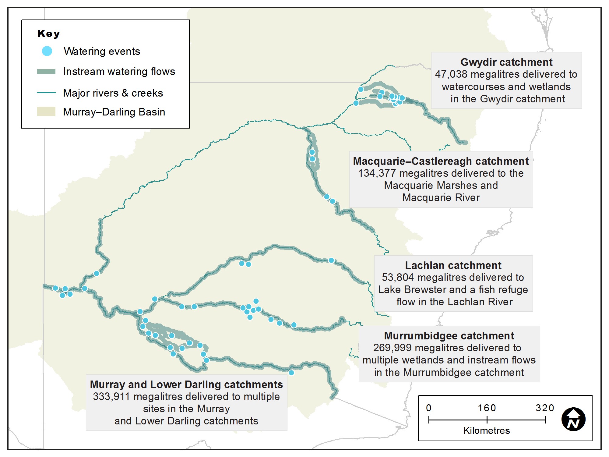 Map of New South Wales showing water catchment areas, associated main waterways and locations of water for the environment deliveries made in 2017–18.