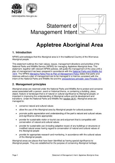 Appletree Aboriginal Area Statement of Management Intent