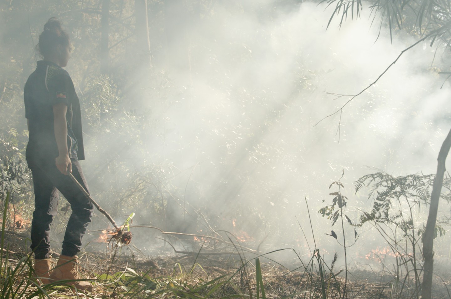 An Aboriginal woman practises traditional burning in a forest