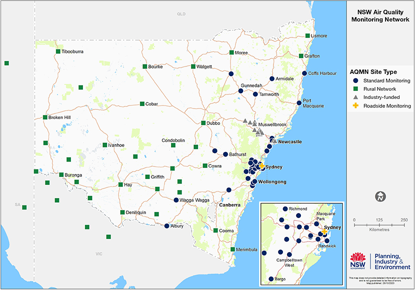 A map showing the NSW Air Quality Monitoring Network