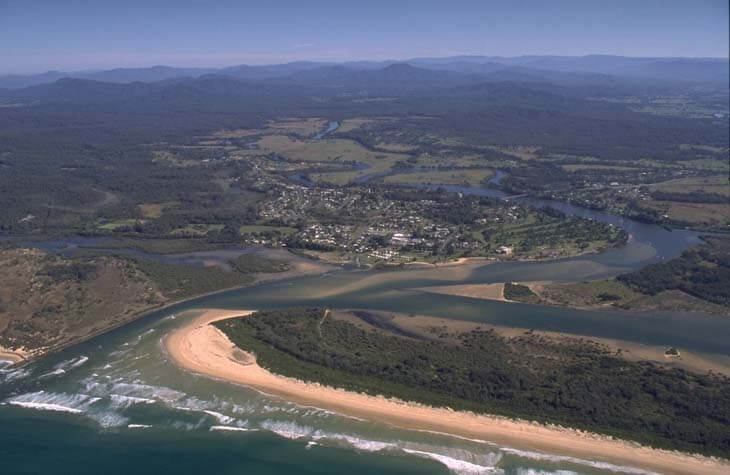 A view of the Bellinger river meeting the sea near the coastal town Urunga