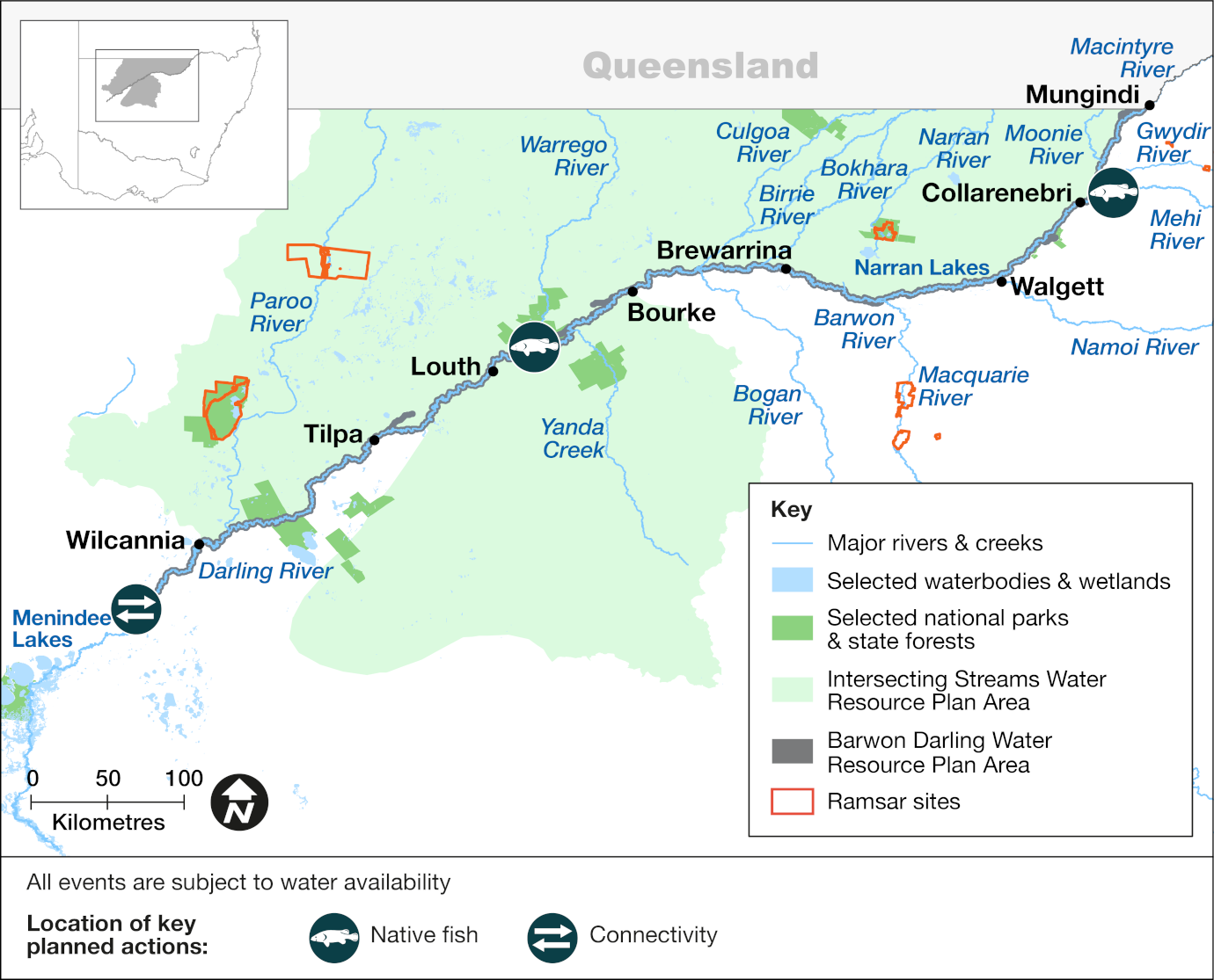 A connectivity action is planned near Wilcannia, and two fish actions are planned near Louth and Collarenebri
