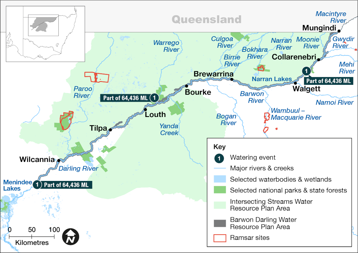 Map of the Barwon-Darling catchment showing waterways, wetlands