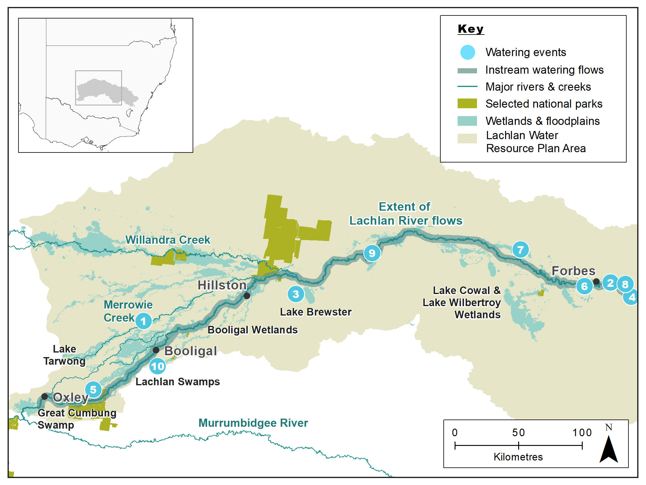 Map of the Lachlan catchment showing waterways, wetlands and locations of water for the environment deliveries made in 2018-19.