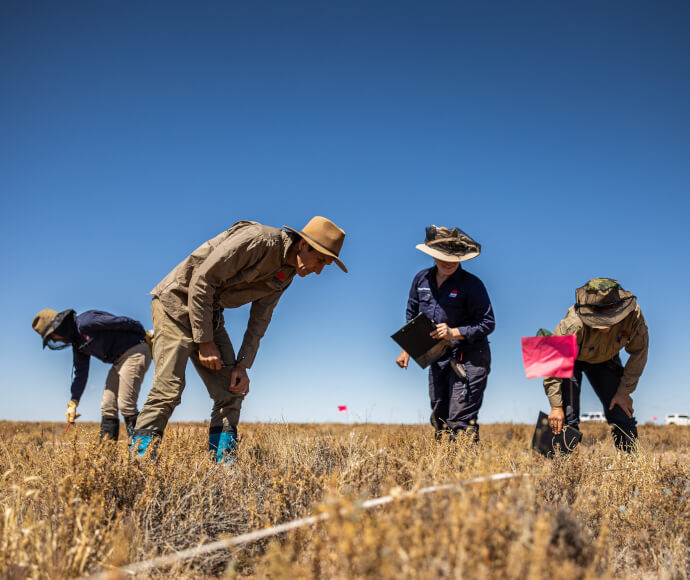 People in official departmental work gear looking closely at the ground and vegetation in a field
