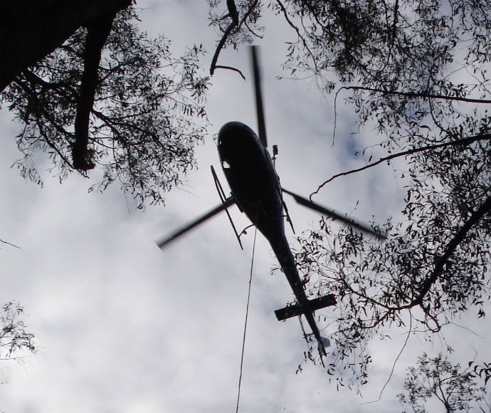 Helicopter in silhouette viewed from the ground. Large trees can be seen below, and the sky is blue and cloudy.