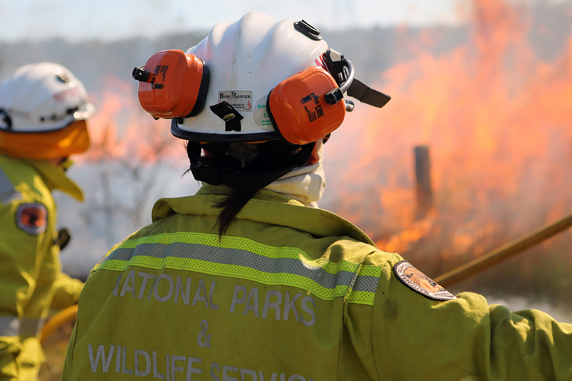 Two NPWS staff in prtective gear, with back to camera, facing orange flames