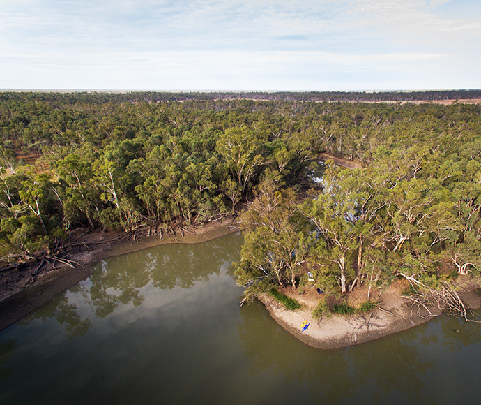 An aerial photo of Sandy Bend at Woolpress Bend campground in Yanga National Park. The image shows a river bend surrounded by lush vegetation, under a bright blue sky with scattered clouds.