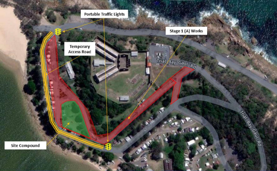 Aerial map of Stage A of the improvement works for the Trial Bay Campground, highlighing the location of the portable traffic lights and the temporarily restricted areas.