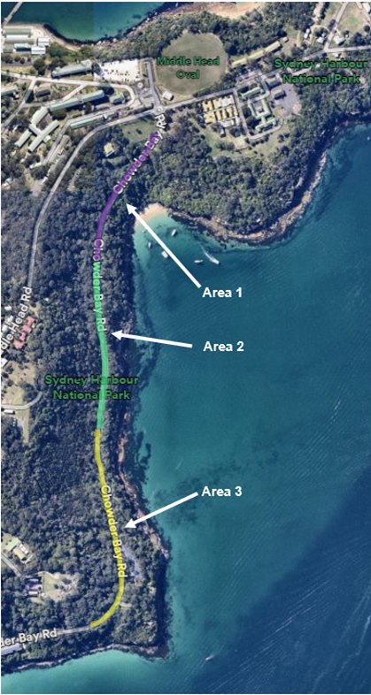 Satellite image of map showing the sequencing of work for Chowder Bay Road