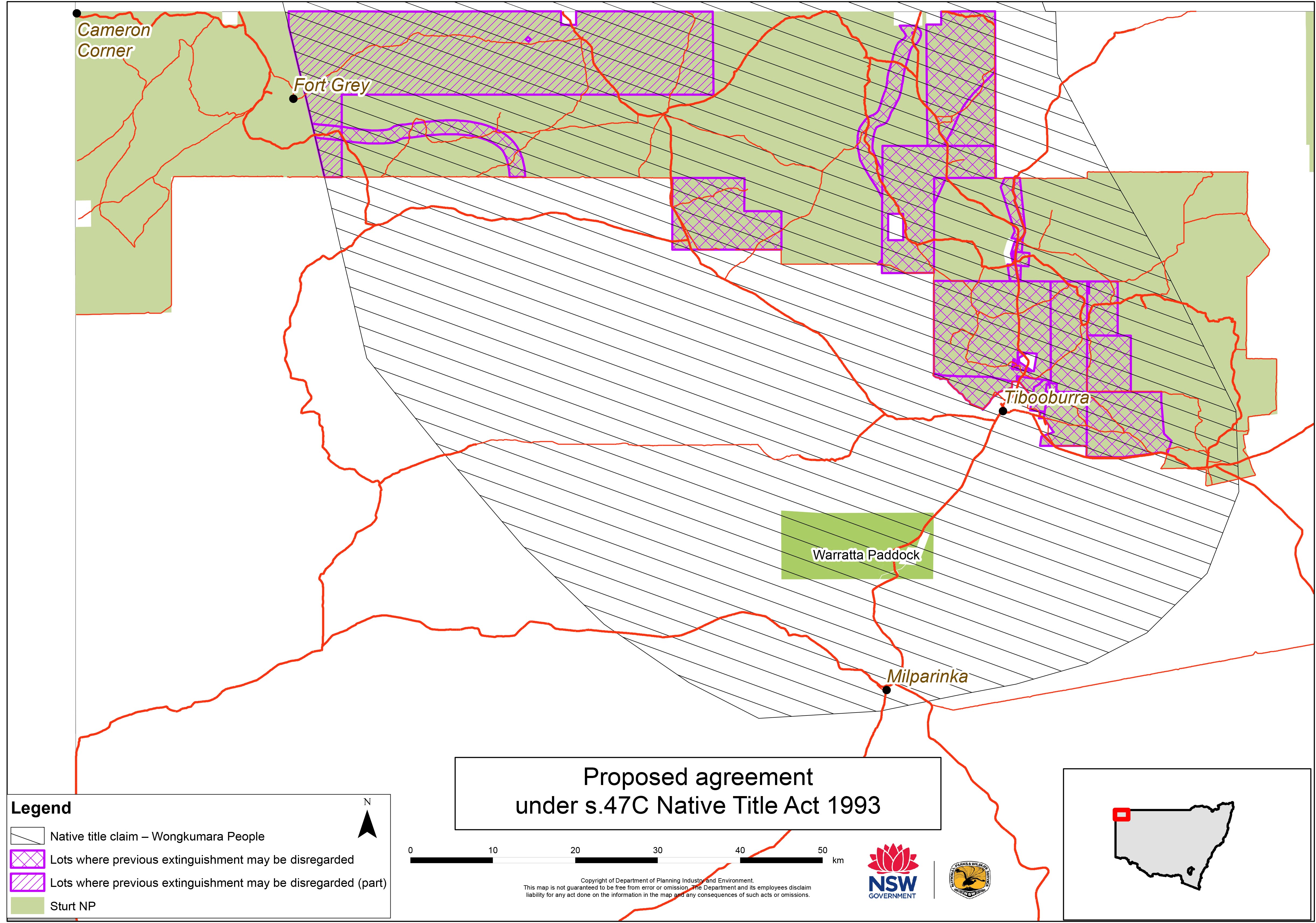 Map showing the proposed agreement area with the Wongkumara People under section 47 of the Native Title Act 1993. The map highlights the boundaries of the proposed agreement area, surrounding regions, and significant geographical features such as rivers and landmarks.
