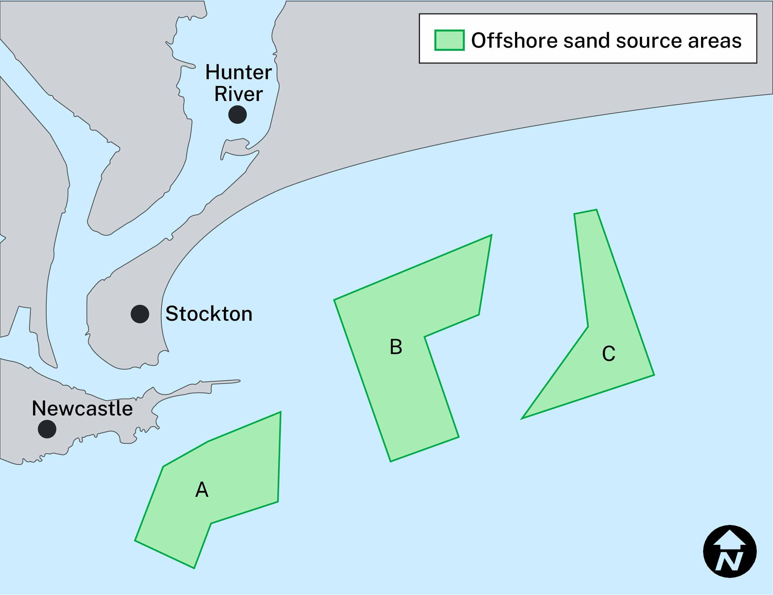Stockton Beach Repair Project: Offshore sand source areas A, B and C