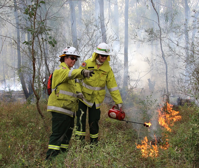 2 firefighters using equipment to light fires for a hazard reduction burn.