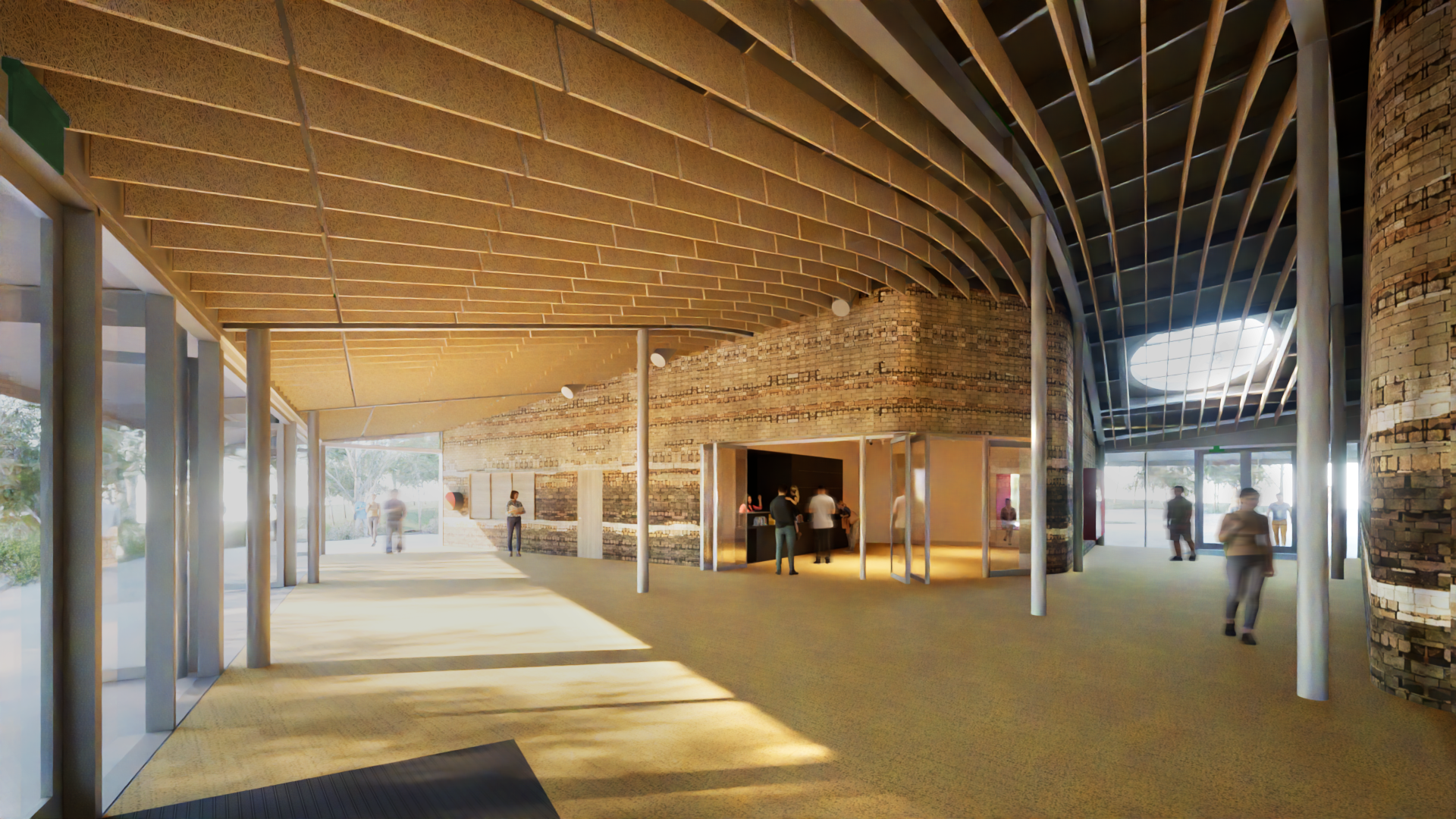 Artist sketch of the large, airy and light-filled entrance foyer of Kurnell Visitor Centre, which leads to the southern verandah