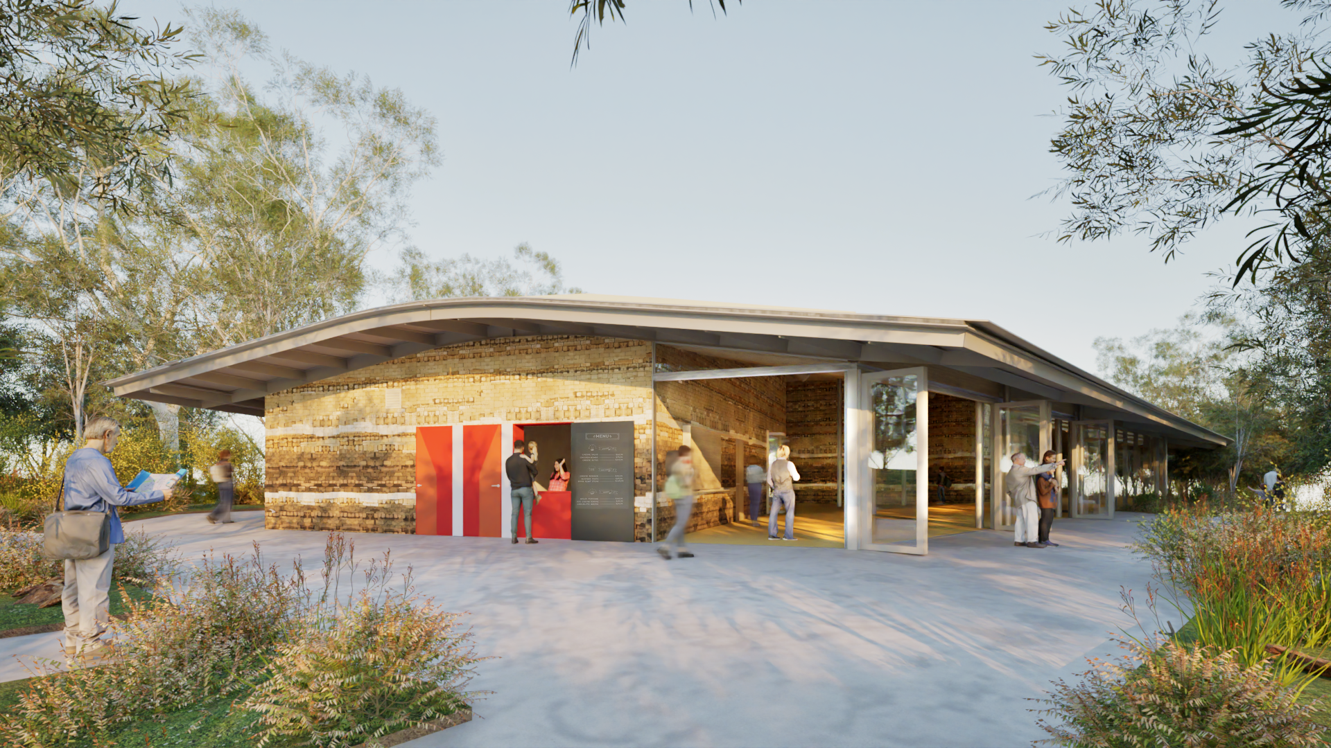 Artist sketch of the exterior of the western side of the Kurnell Visitor Centre, showing the new café with glass doors folded back to open it to the outside. The building is surrounded by trees and shrubs.