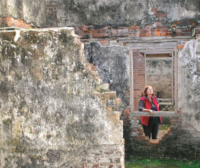 A person admires the Innes Ruins at the Lake Innes Nature Reserve.