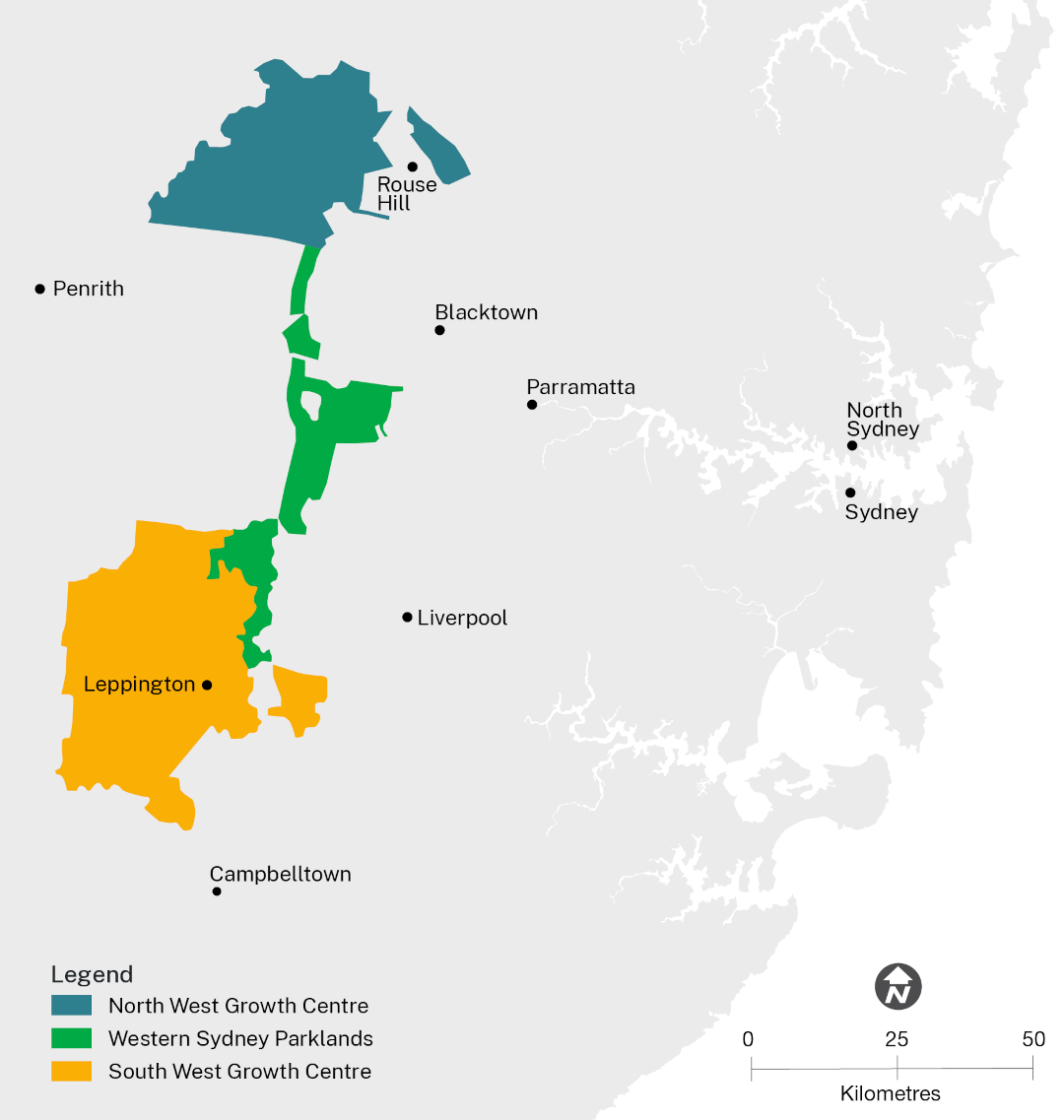 Map depicting North West Growth Centre near Rouse Hill and South West Growth Centre around Leppington, as well as Western Sydney Parklands in between