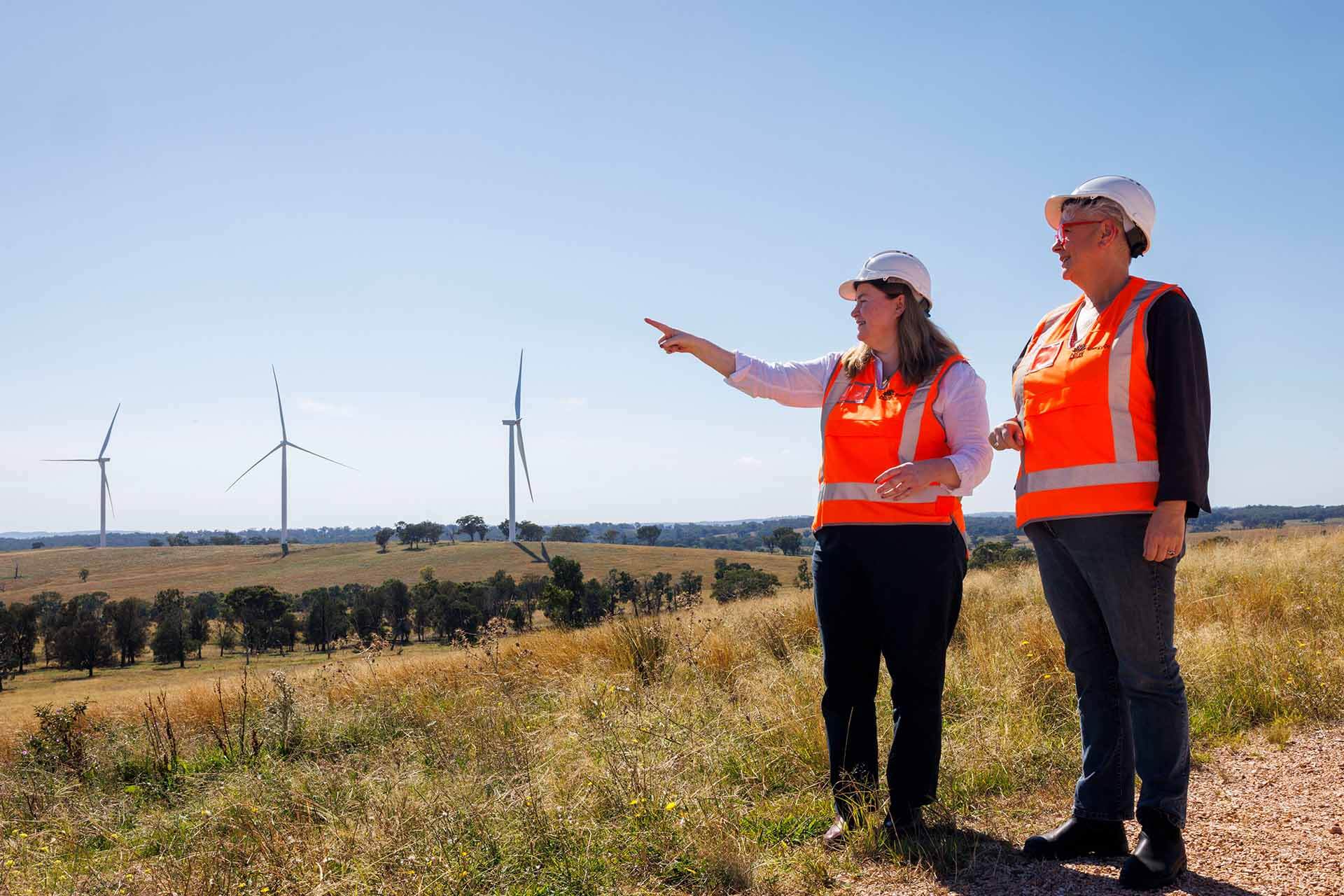 Two ministers in hi vis and hard hats look out towards horizon with wind farms.