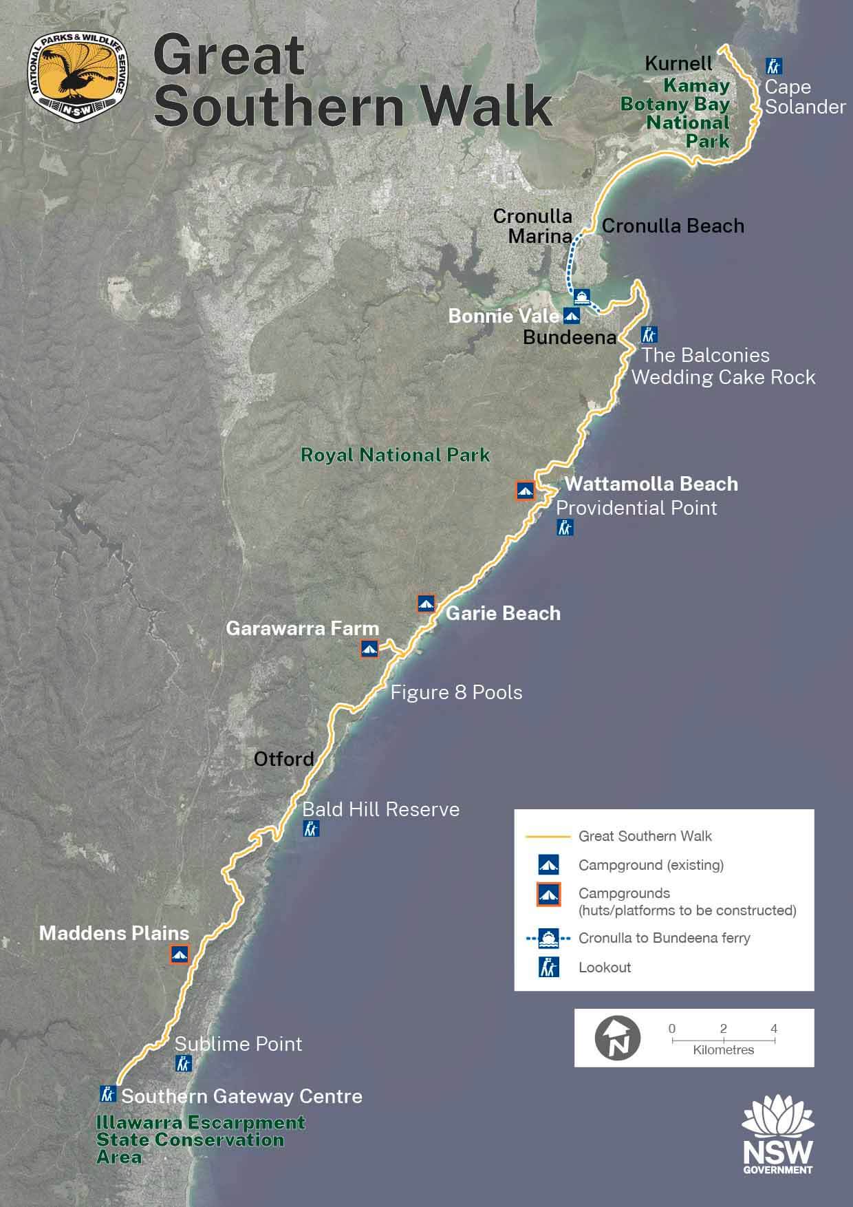 A detailed map of the Great Southern Walk, featuring a network of walking trails that weave through diverse landscapes, including coastal areas, forests, and scenic lookouts. The map highlights various points of interest, campgrounds, and facilities along the route. Key landmarks and distances between them are clearly marked, providing a comprehensive guide for hikers and adventurers exploring this scenic trail.