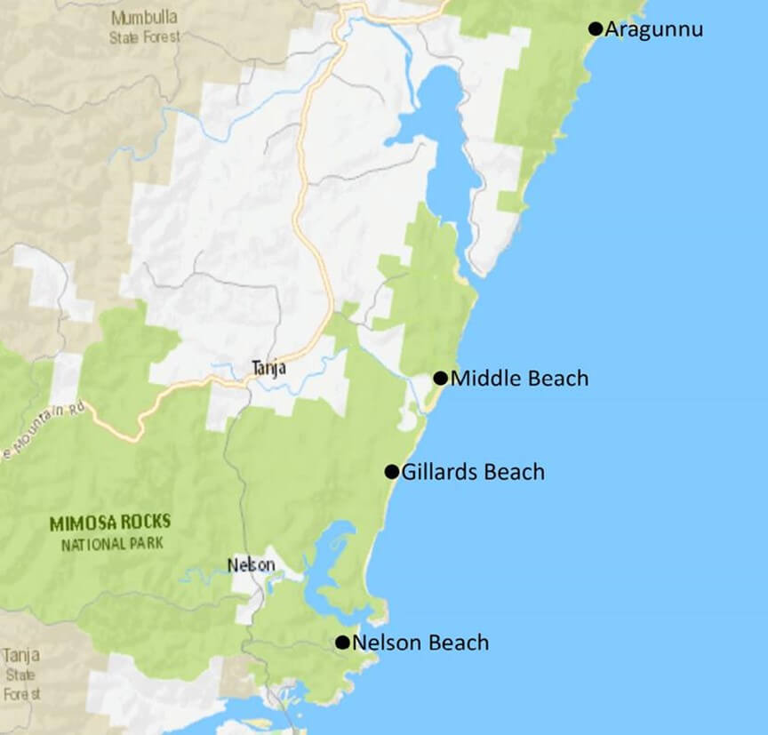Map of Mimosa National Park with 4 points marked out in bold along the coast. In order from North to South, they are: Aragunnu, Middle Beach, Gillards Beach and Nelson Beach.