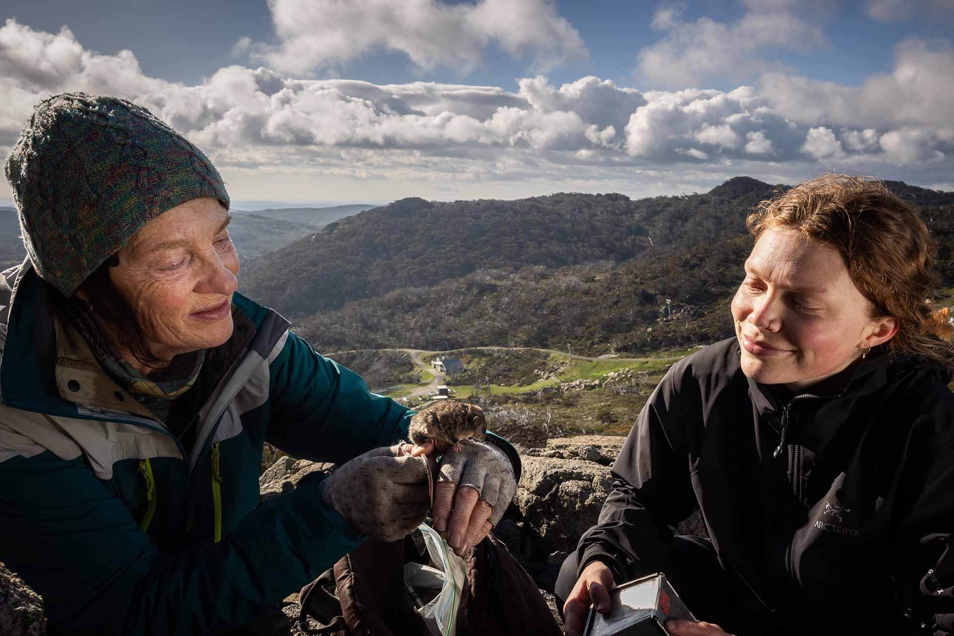 Two people smiling upon a mountain pygmy possum, being held gently, mountains in background