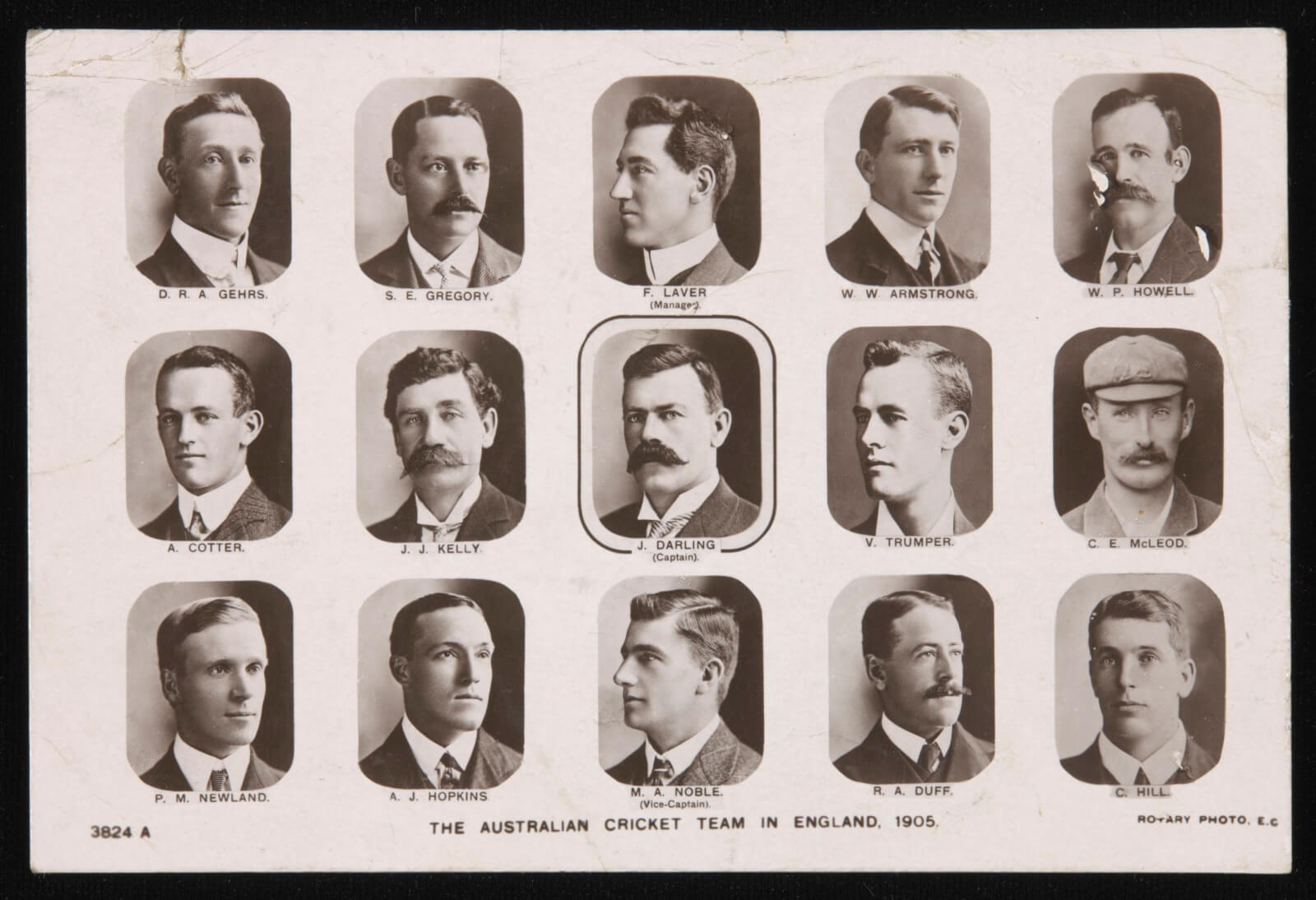 Black and white photographic postcard of the 1905 Australian Cricket Team in England, featuring 15 individual portrait photographs arranged in three rows of five. Each player is shown in formal attire. J. Darling, the team captain, is centered in the middle row, while Albert Cotter appears on the far left of the same row. The portraits are framed with decorative borders, typical of early 20th-century postcard design.