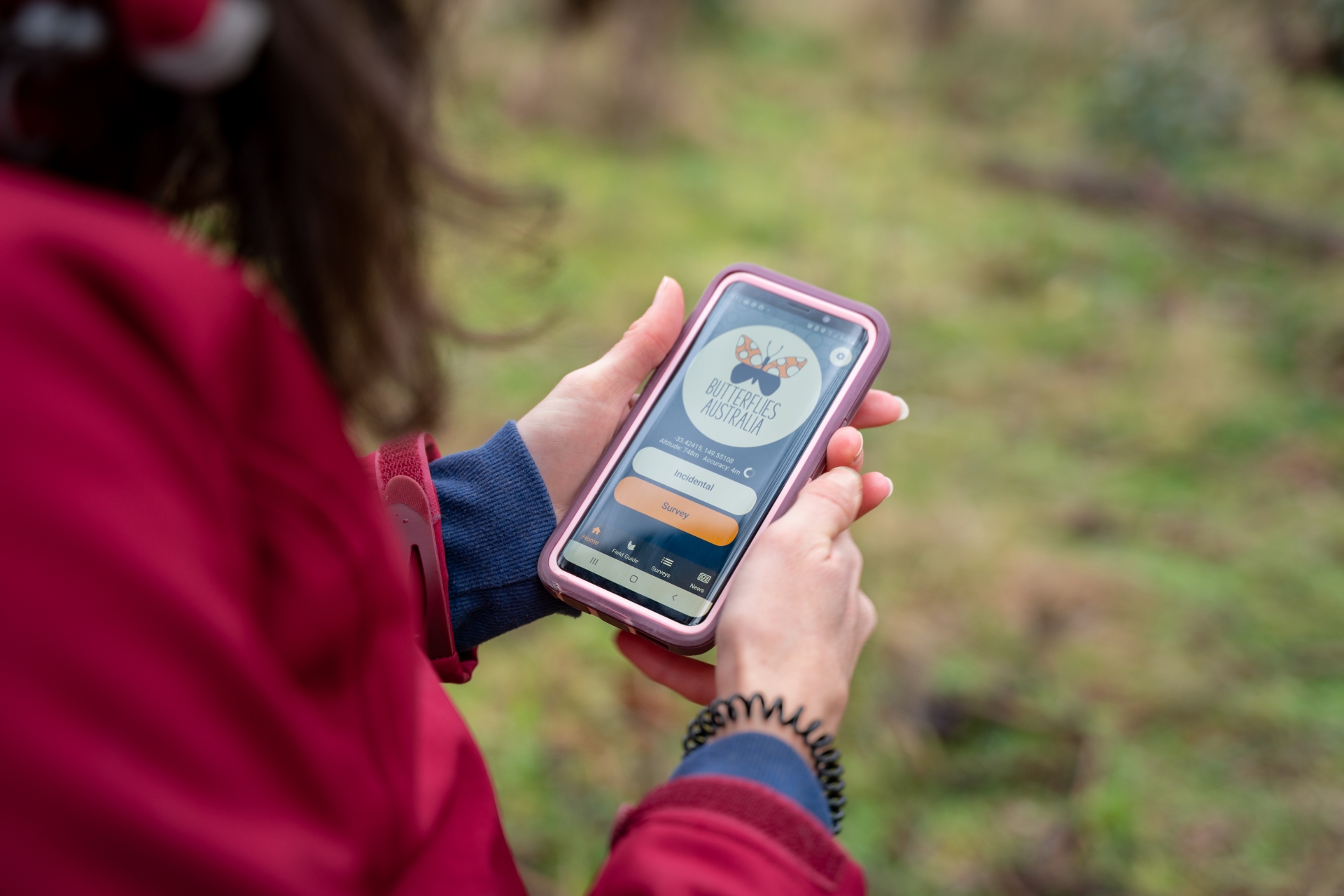 A person with long hair and a red jacket looking at the Butterflies Australia app on a mobile phone screen