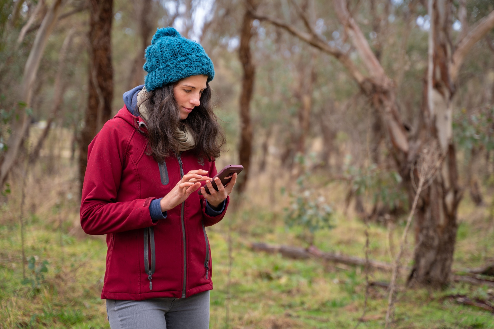 A woman dressed in a red jacket and blue beanie looks at her mobile phone screen while standing in a forest