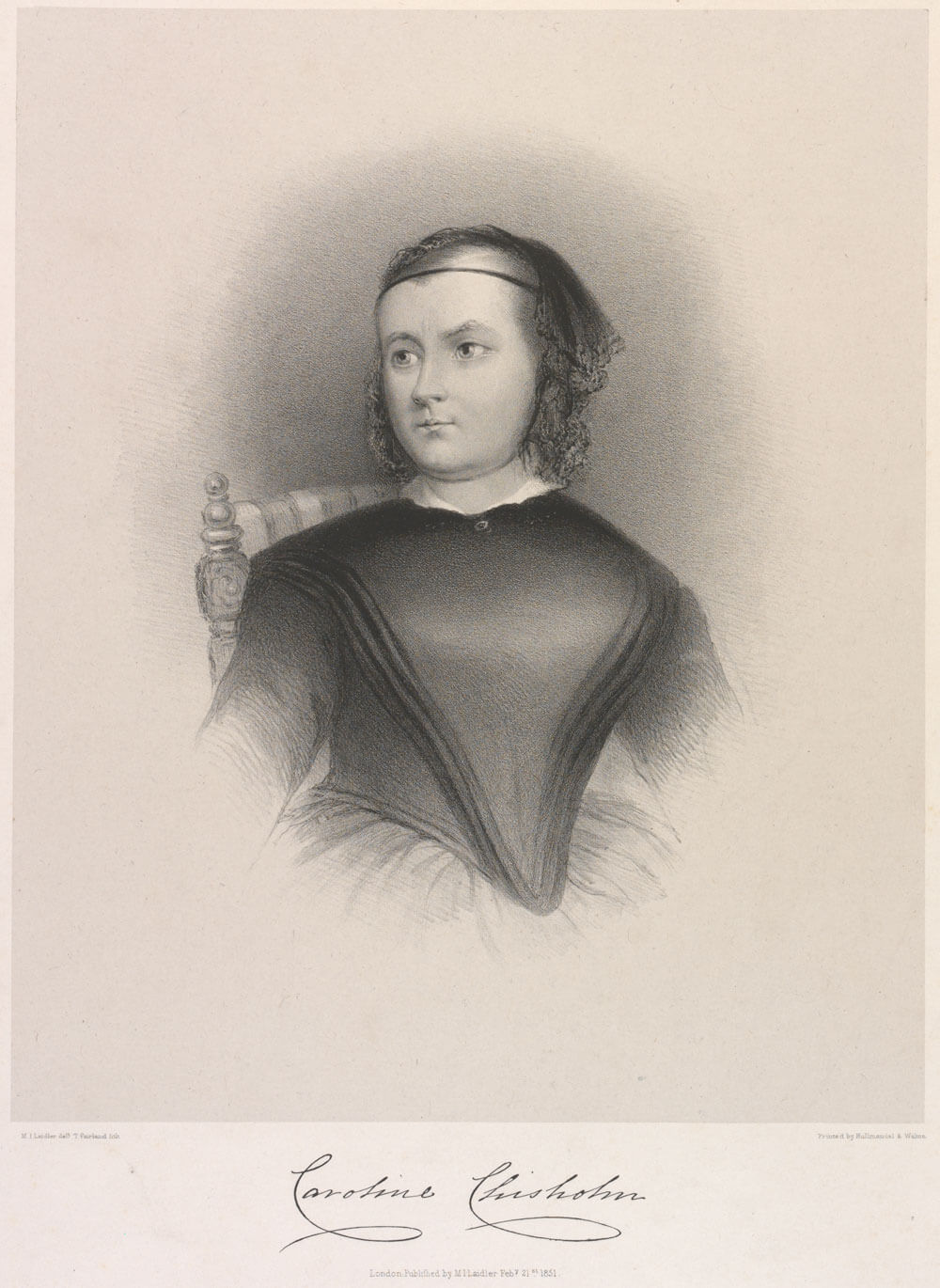 Lithograph of Caroline Chisholm by Thomas Fairland, dated 1851. She is seated and facing slightly to the left. Caroline wears a dark headband and has short, curly hair. Her attire includes a long black dress with a prominent white collar, reflecting mid-19th century fashion. The portrait captures her composed and dignified presence.