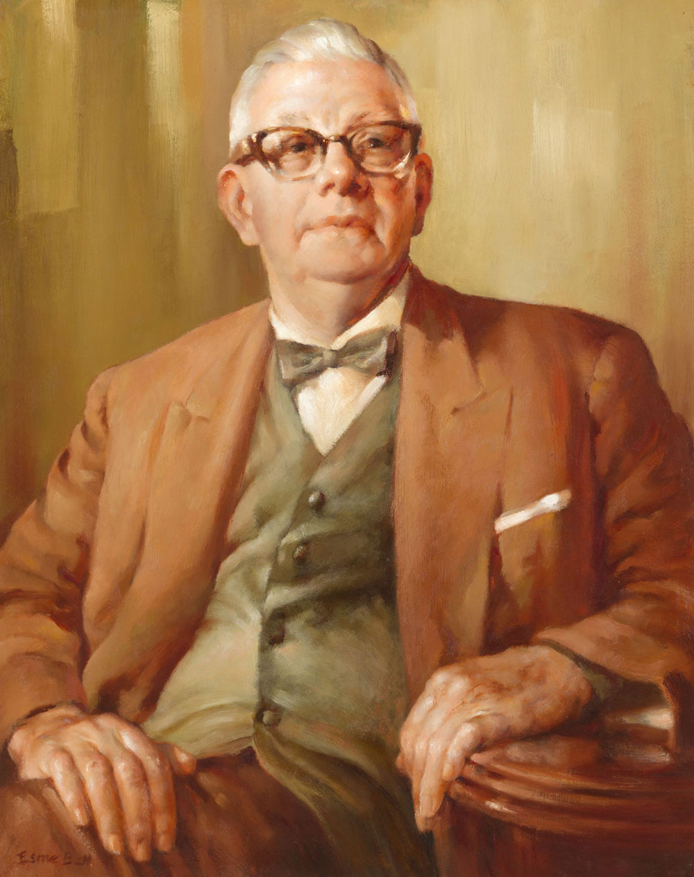 A formal painted portrait of Sir Edward Hallstrom by artist Esme Bell painted around 1960. Sir Edward is seated, wearing a brown suit, grey vest, and bowtie. The artwork is now part of the National Portrait Gallery Collection.