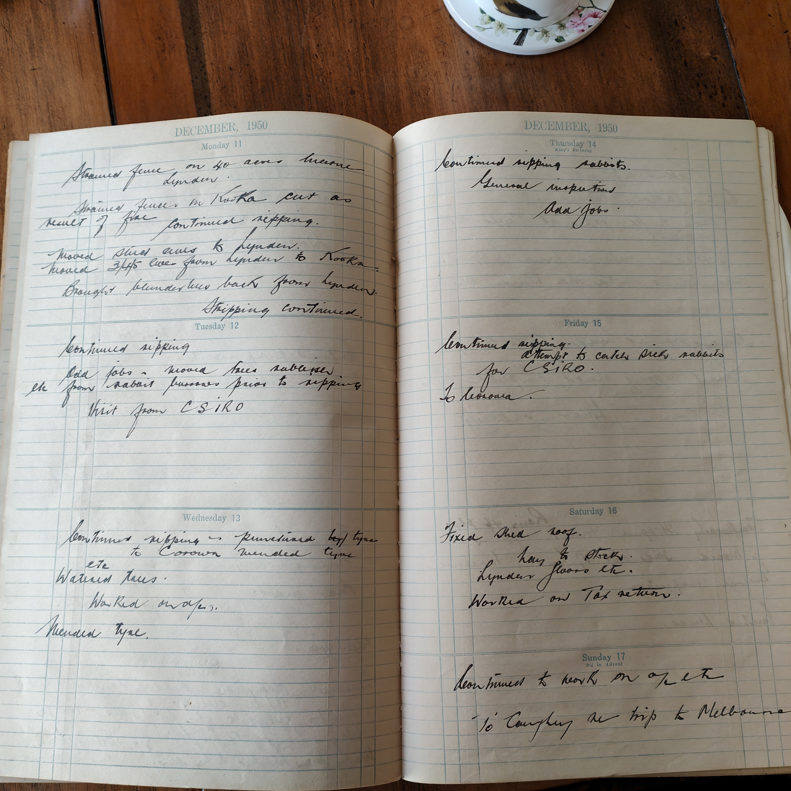 Opened page of a farm diary for the week beginning Monday 11 December 1950 with handwritten notes