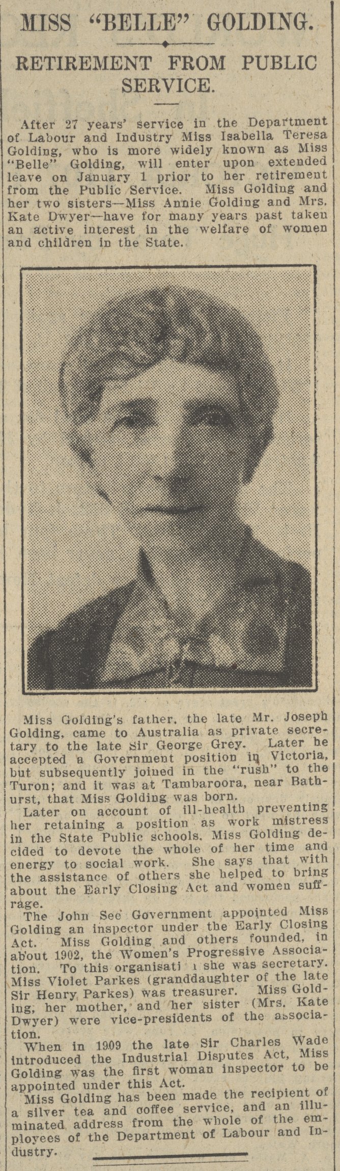 A newspaper article clipping of Belle Golding's retirement from public service announcement, with a portrait of Belle.