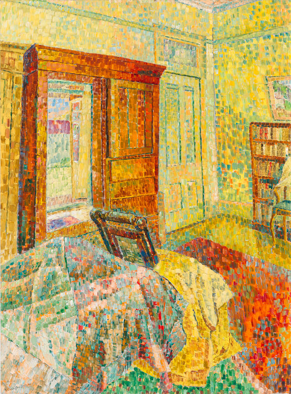 Painting of the interior of one of Grace Cossington Smith’s rooms. The painting contains a white door, a bookshelf to the right and a large brown piece of furniture to the left.