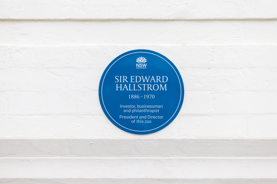 A photograph of Sir Edward Hallstrom's Blue Plaque on Taronga Zoo wall