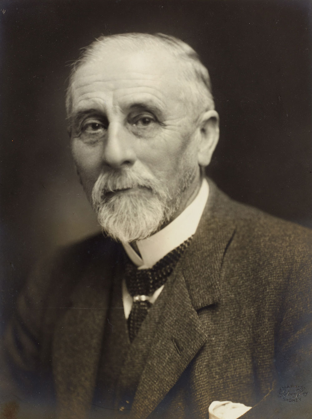 A formal portrait of John Sulman showing his head and shoulders. He wears a dark wool suit and tie. This photograph was taken by Sidney Riley Studios around 1914.