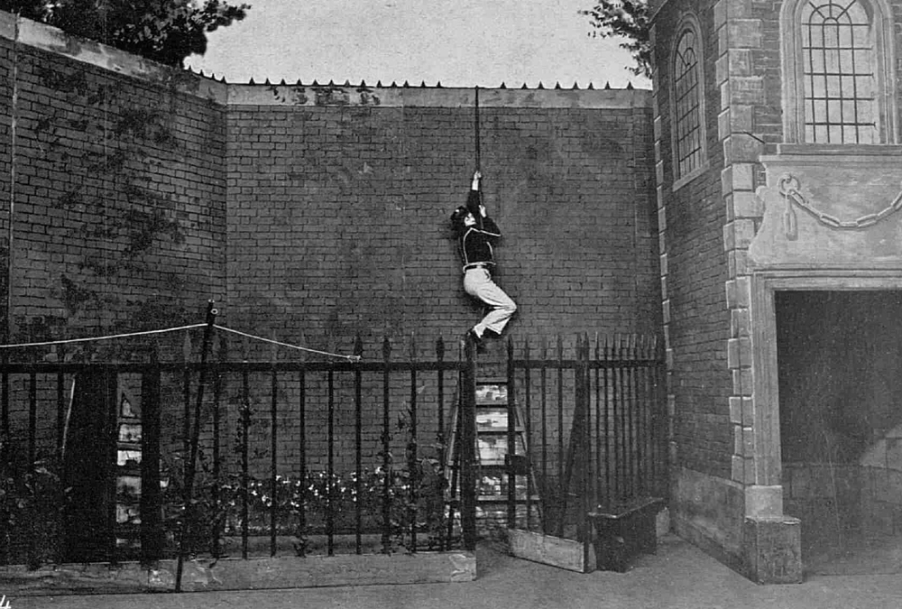 A woman dressed as a sailor holding onto a rope, climbing up a tall brick wall. A small ladder is underneath her, surrounded by small plants and a fence.